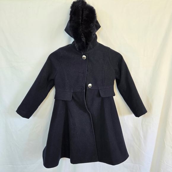 Rothschild & Co Girls Navy Blue Hooded Faux‎ Fur Trim Lined Swing Pea Coat Sz 6